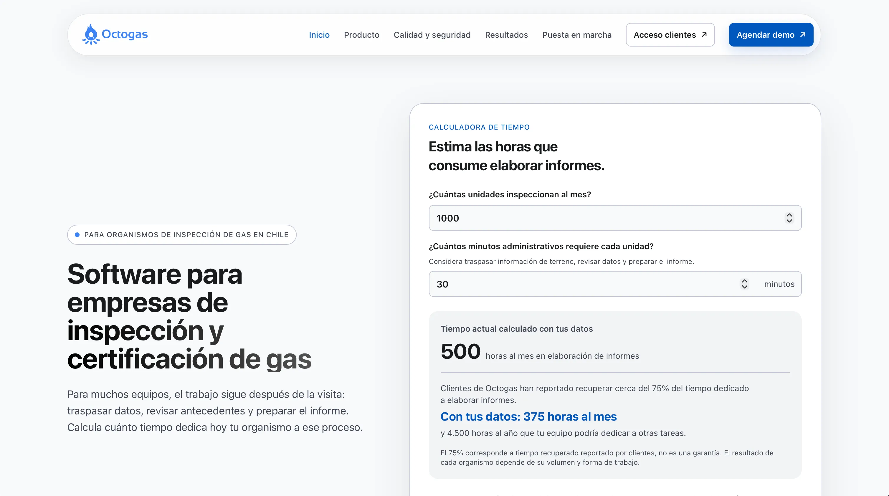 Vista del sitio web de Octogas